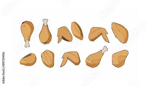Minimal fried chicken pieces vector set in flat modern food illustration style