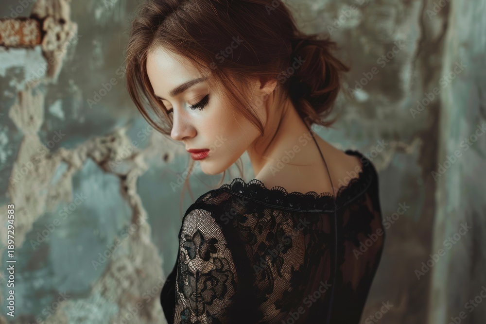 Fototapeta premium Woman in lace dress posing against a textured, rustic wall
