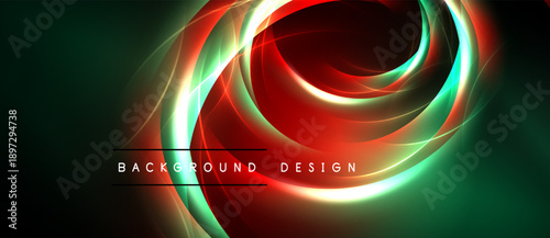 Abstract design features swirling light patterns. Red, green, white hues blend creating dynamic visual effect. Background suggests energy, motion.