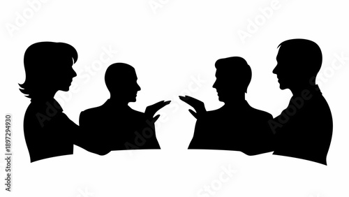 Silhouettes of two women and two men facing each other with hands raised in a discussion or debate format | editable eps vectors