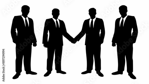 Silhouette of four businessmen in suits two of them shaking hands on a white background in a group shot | editable eps vectors