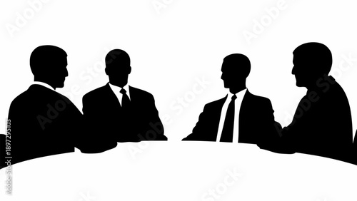 Silhouette of four business people sitting at a table in a meeting or conference setting in black and white | editable eps vectors