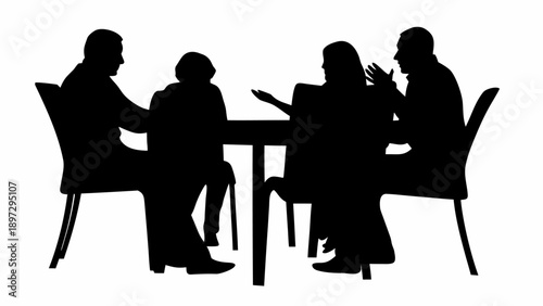 Silhouette of four people sitting around a table in discussion and meeting in a business setting | editable eps vectors