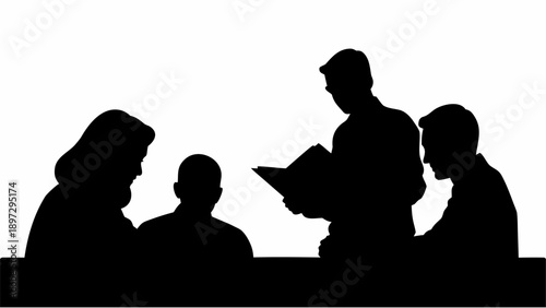 Silhouette of four people gathered around a table with one person holding a book and reading aloud | editable eps vectors