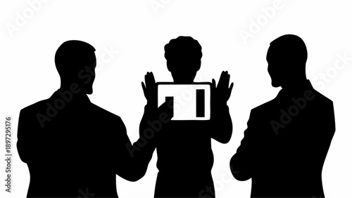 Three silhouetted figures stand with the center one holding a tablet with graphic elements displayed on it | editable eps vectors