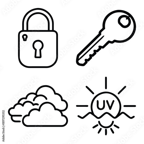 Minimalist Monochrome Line Art Icon Set Featuring Secure Padlock, Door Key, Fluffy Clouds, and UV Index Sun Protection Symbol Collage