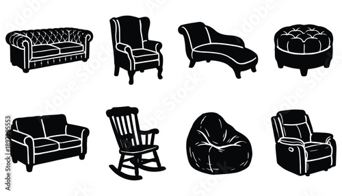 Black and White Collection of Classic and Modern Chairs and Sofas