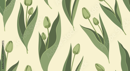 A serene illustration of green leaves and flower buds in a seamless pattern from a direct viewpoint.