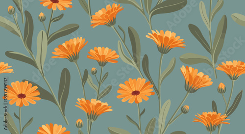 Floral pattern featuring orange flowers and green leaves on a seamless background for textile design
