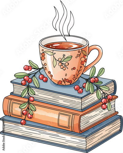 Thanksgiving Booklover Clipart popart style steaming mug of tea on pile of novels decorated books.