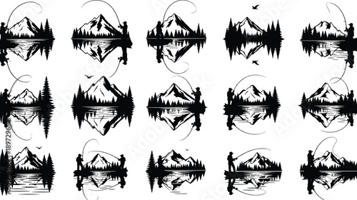  Fishing silhouette vector set, fisherman on lake with mountain reflection, pine forest nature landscape, outdoor adventure camping logo collection design..eps