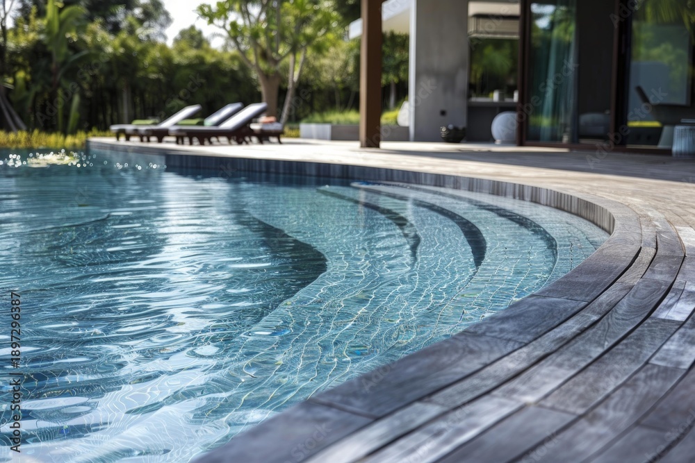 Naklejka premium Inviting swimming pool with wooden deck and steps creating a relaxing atmosphere in a luxury resort