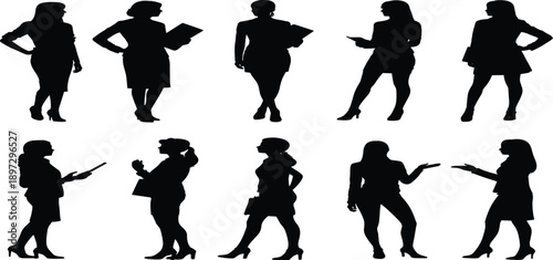 Black silhouettes of women in professional and casual poses with accessories like folders and handbags, perfect for business design, fashion projects, and communication themes.