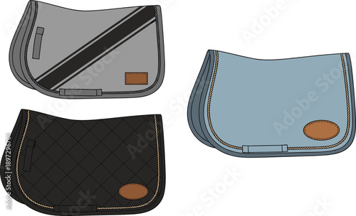 Set of Three Equestrian Saddle Pads in Grey Blue and Black Colors Isolated on White Background for Horse Riding Gear Sport and Equipment