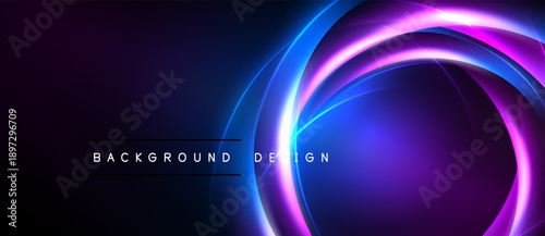 Abstract neon circles over dark background. Gradient purple, blue hues create futuristic visual effect. Text reads background design.