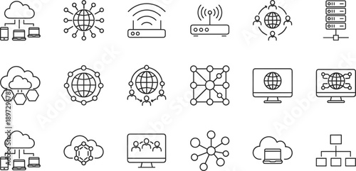 Cloud computing network line icons set featuring global connectivity servers data infrastructure vector illustration design technology communication systems
