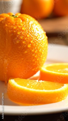 Fresh Oranges on Display: A Vibrant and Healthy Fruit Arrangement with Slice Detail