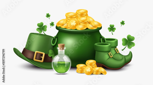St Patrick’s Day Festive Background with Gold Coins Clover and Irish Symbols