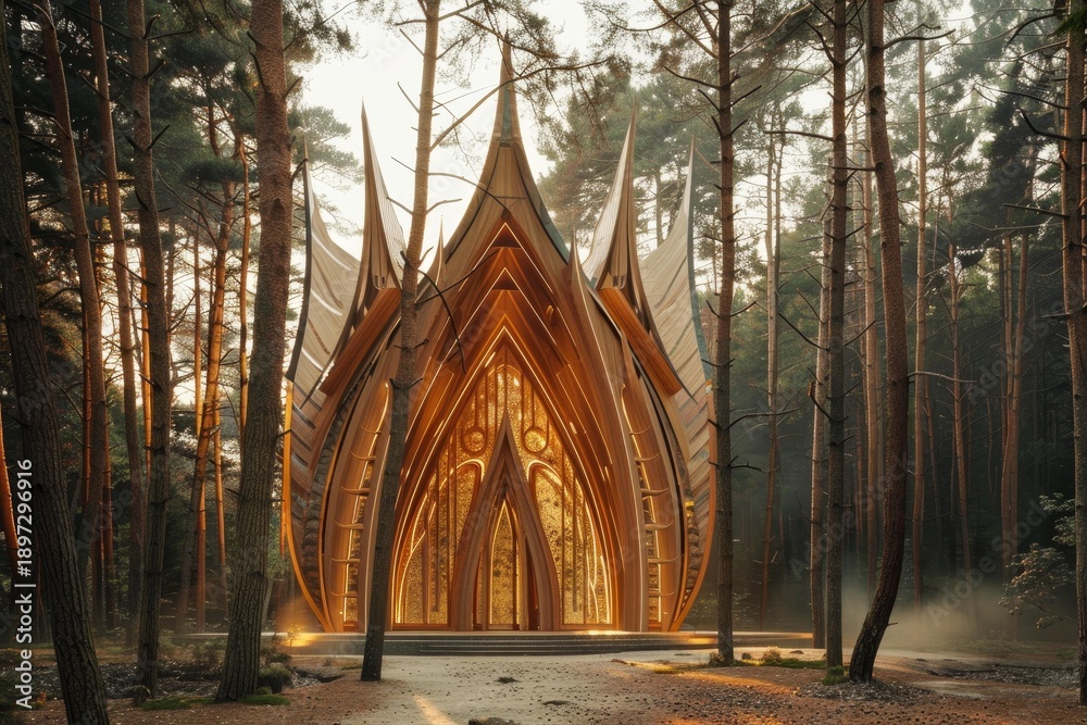 Fototapeta premium Architectural visualization of a futuristic wooden building illuminating a mysterious forest