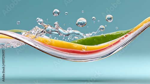 Colorful Swirling Liquid Wave With Green Leaf Splashing Water Droplets Clear Light Blue Background Studio Shot