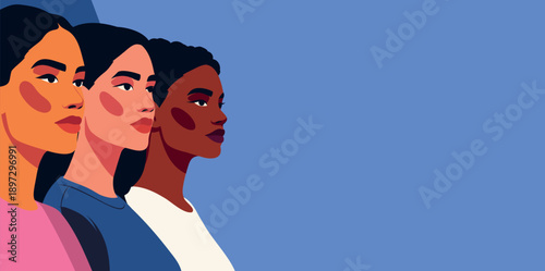 Vector banner with space for text for Women's Day. Women of different cultures, nationalities unite in support of movements for gender equality, women's empowerment. Sky-blue background symbol freedom