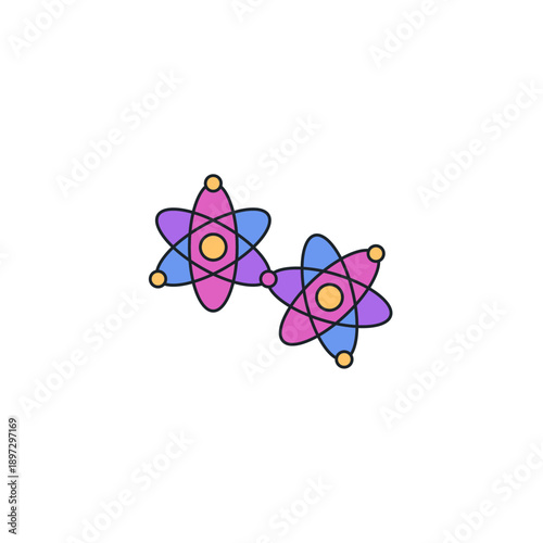 Quantum entanglement vector icon. Two connected particles interacting instantly across distance. Physics concept illustration for mechanics, science, and teleportation theory