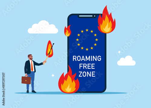 Businessman deliberately sets fire to Smartphone and roaming Free zone European Union. Phone with Fire. Network, data, security, digital interface, connection, communication. Vector illustration.