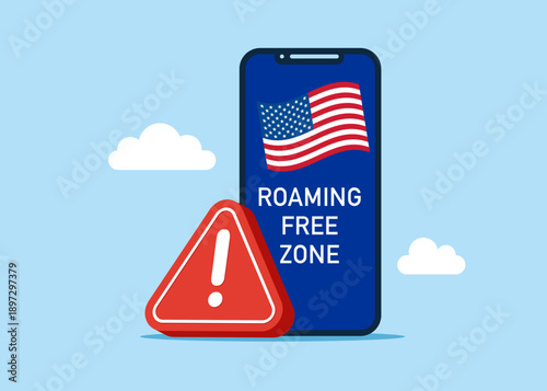 Smartphone and roaming Free zone USA with exclamation attention sign. Poor service, poor connection, poor internet, theft. Modern vector illustration in flat style