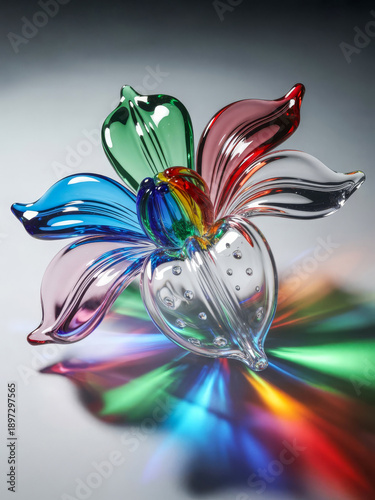 Vibrant hand blown glass flower sculpture casting colorful prisms art