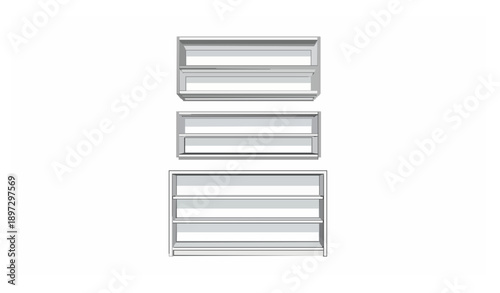 Empty shelving units vector collection with three store racks on white background