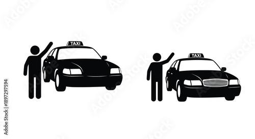 Two taxi vehicles with hailing passengers depicted in a dark silhouette