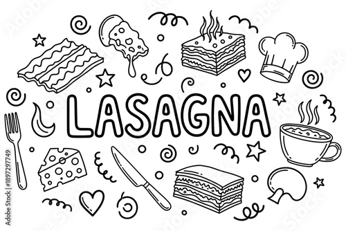 Black and white lasagna doodle with food elements and text