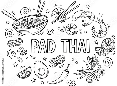Pad thai ingredients doodle: shrimp, noodles, lime, peanuts, and herbs in black and white