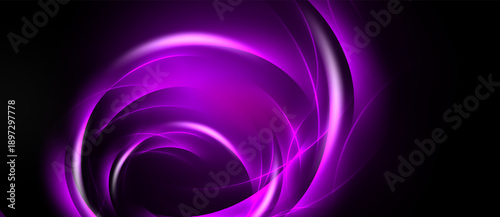 Abstract purple swirls radiate from center. Dark background emphasizes luminous curves, creating dynamic visual effect.