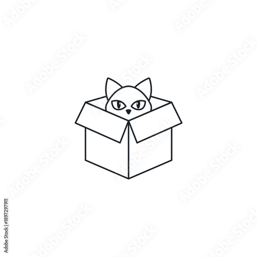 Schrödingers cat vector icon illustration. Box with question mark and cat ears. Quantum mechanics paradox symbol representing dead or alive state for physics and science education.
