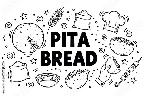 Doodle art featuring pita bread, ingredients, and cooking elements