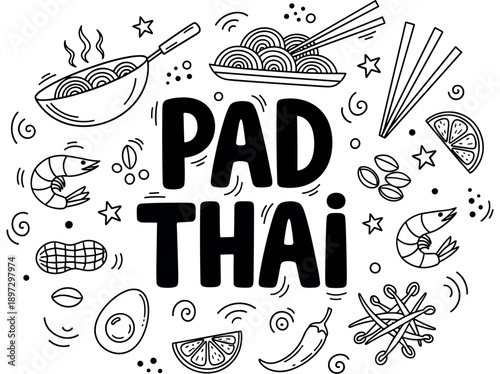 Pad thai illustration with noodles, shrimp, and ingredients