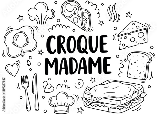 Croque madame doodle art with cheese, egg, and bread elements