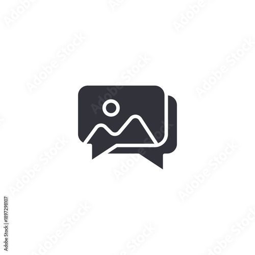 Image gallery icon with message bubble, illustrating social media content sharing and digital communication.