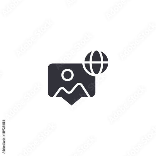 Global image sharing icon with earth symbol, illustrating worldwide digital content distribution.