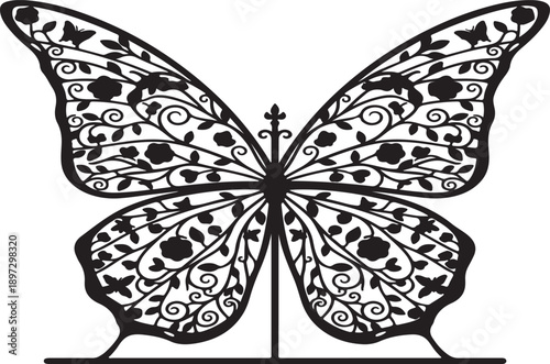 Elegant garden gate where the ironwork forms the shape of giant butterfly wings, intricate floral patterns inside the wings, black metal silhouette, white background