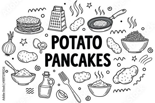 Potato pancakes with illustrated ingredients: grater, pan, onion, sour cream, herbs