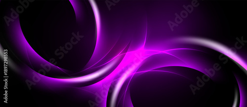 Abstract purple lines form swirling shapes against dark background. Brightness creates dynamic visual effect. Smooth curves dominate composition.