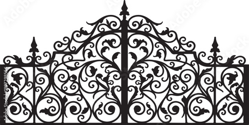 Elegant wrought iron silhouette of a Victorian garden gate, intricate floral curls, symmetrical design, black metal, high contrast on white background.