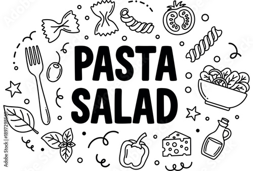 Black and white illustrated elements of a pasta salad with ingredients and utensils