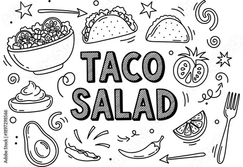 Taco salad illustration with ingredients and mexican food elements