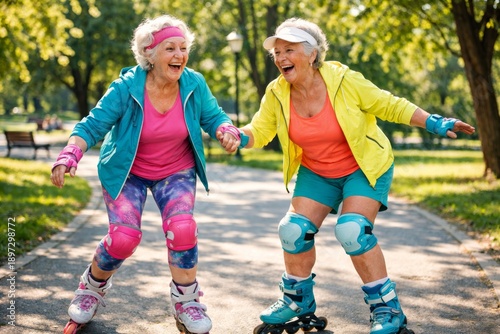 Two elderly female friends roller skating on smooth park path, wearing bright sportswear and laughing. lively positive everyday atmosphere, active senior lifestyle and motivating moment of friendship