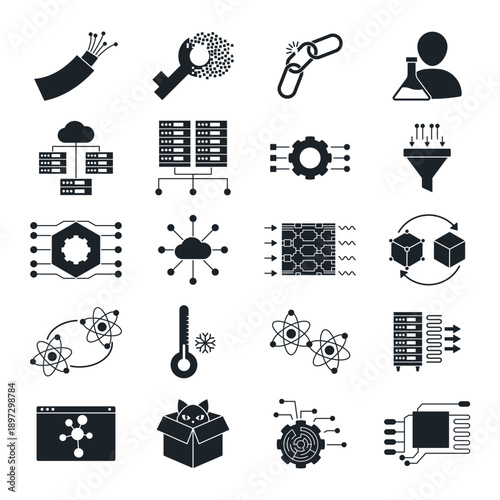 Quantum computing and artificial intelligence vector icon set. Future technology, science, big data, and supercomputer illustration symbols for web design and digital workflow.