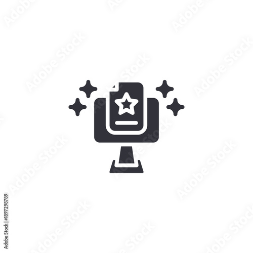 Laptop with sparkling celebration badge icon symbolizing online party invitation and digital event planning.