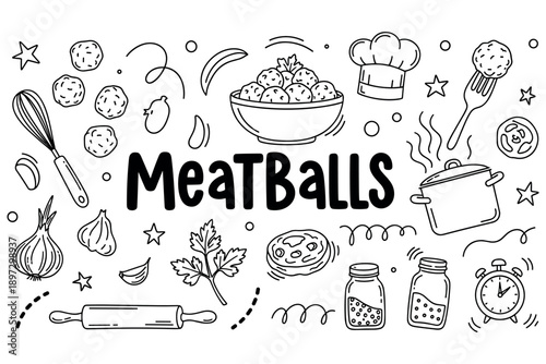 Meatballs and cooking elements in hand-drawn doodle style